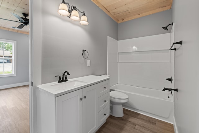 full bathroom featuring toilet, wooden ceiling, vanity, ceiling fan, and hardwood / wood-style floors