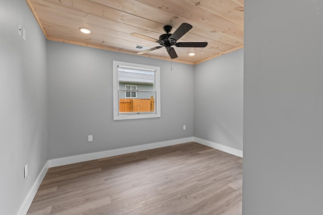 empty room featuring ceiling fan, wooden ceiling, and light hardwood / wood-style floors