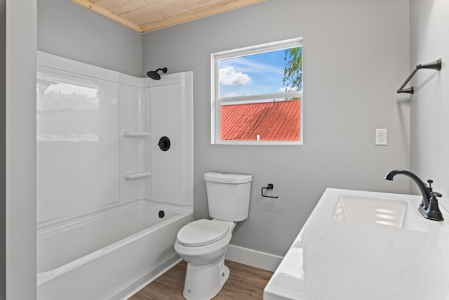 full bathroom with hardwood / wood-style floors, vanity, bathtub / shower combination, wooden ceiling, and toilet