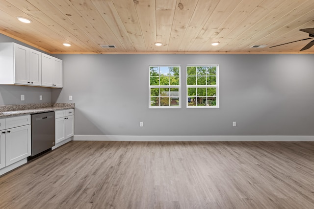 kitchen with white cabinets, wooden ceiling, light hardwood / wood-style floors, and dishwasher