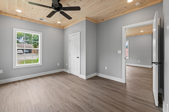 unfurnished room with ceiling fan, hardwood / wood-style floors, and wooden ceiling