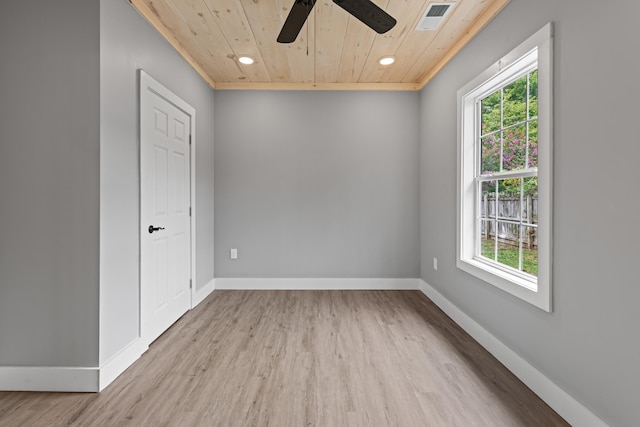 empty room featuring light wood-type flooring, wooden ceiling, and ceiling fan