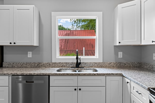 kitchen with dishwasher, sink, and white cabinets