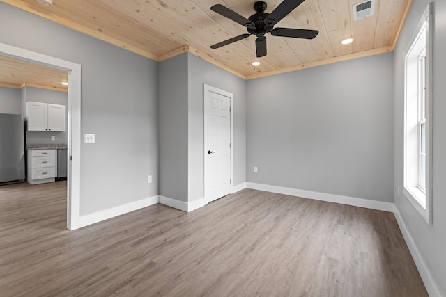 empty room featuring crown molding, wooden ceiling, ceiling fan, and light wood-type flooring