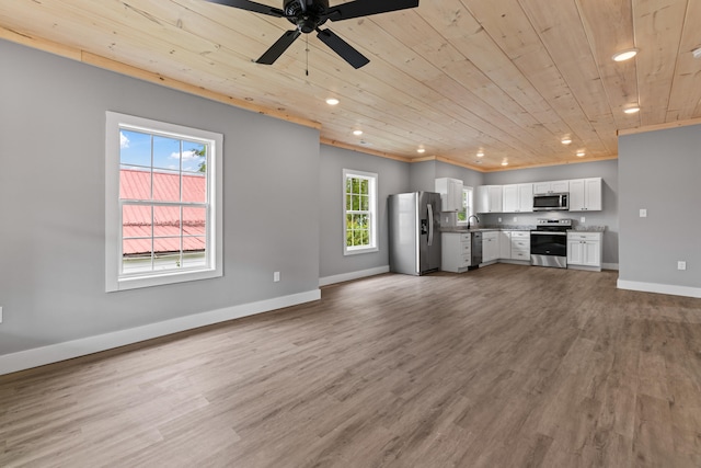 unfurnished living room with plenty of natural light, light wood-type flooring, and wooden ceiling