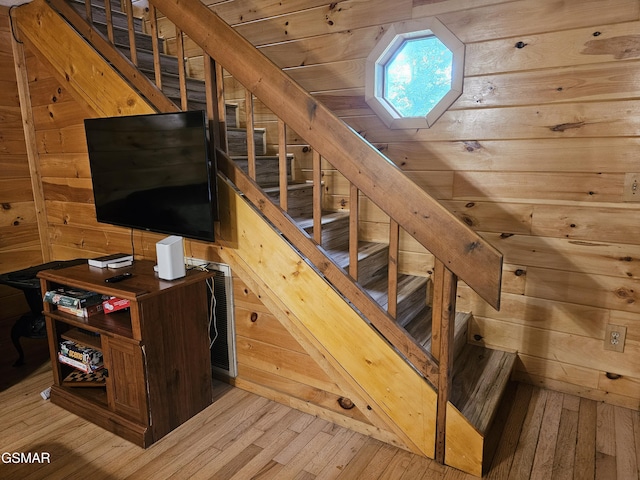 2114 Rabbit Point Way, Sevierville, TN 37876 - stairway with wood walls and hardwood / wood-style flooring