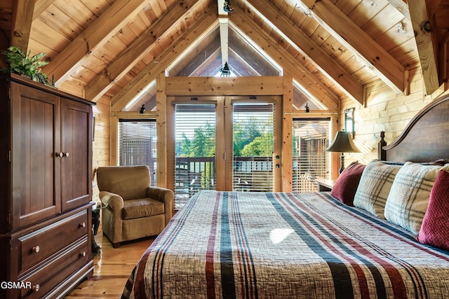 612 Cherry Blossom Way, Pigeon Forge, TN 37863 - bedroom with wood ceiling, vaulted ceiling with beams, wood walls, light wood-style floors, and access to outside