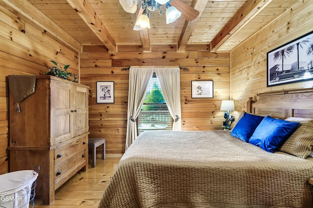 612 Cherry Blossom Way, Pigeon Forge, TN 37863 - bedroom featuring light wood-type flooring, wooden walls, beamed ceiling, wood ceiling, and access to exterior