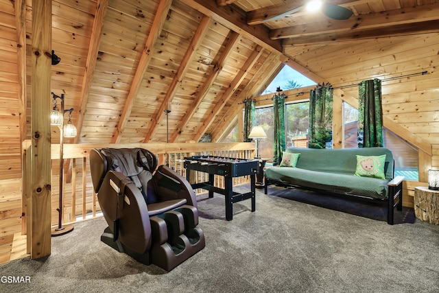 612 Cherry Blossom Way, Pigeon Forge, TN 37863 - sitting room featuring carpet, wood ceiling, wood walls, and vaulted ceiling with beams
