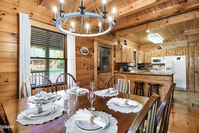 612 Cherry Blossom Way, Pigeon Forge, TN 37863 - dining room featuring an inviting chandelier, wood walls, wood ceiling, and beamed ceiling