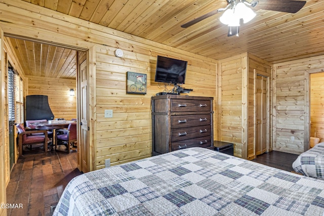 bedroom with ceiling fan, wood walls, wood finished floors, and wood ceiling