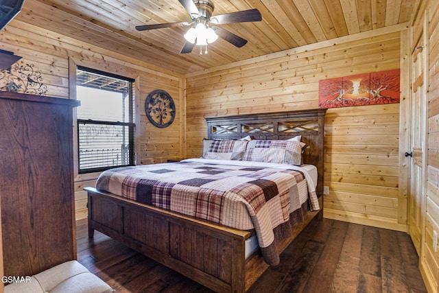 bedroom featuring dark wood-type flooring, wooden ceiling, and wooden walls