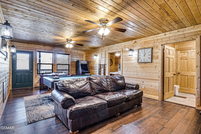 living area featuring wooden ceiling, wooden walls, and hardwood / wood-style floors