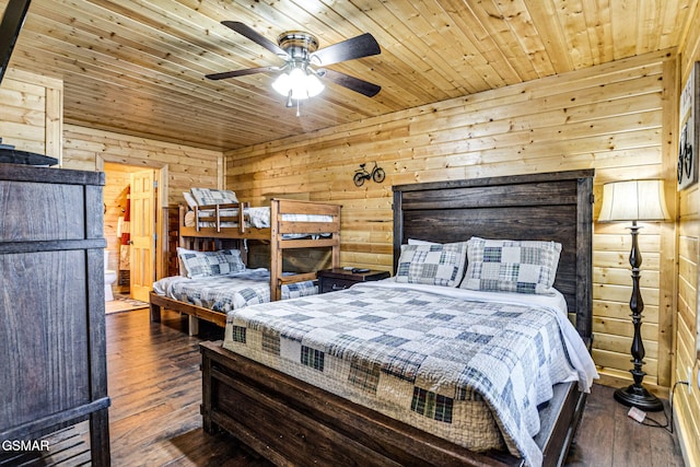 bedroom featuring wooden ceiling, wood-type flooring, and wood walls