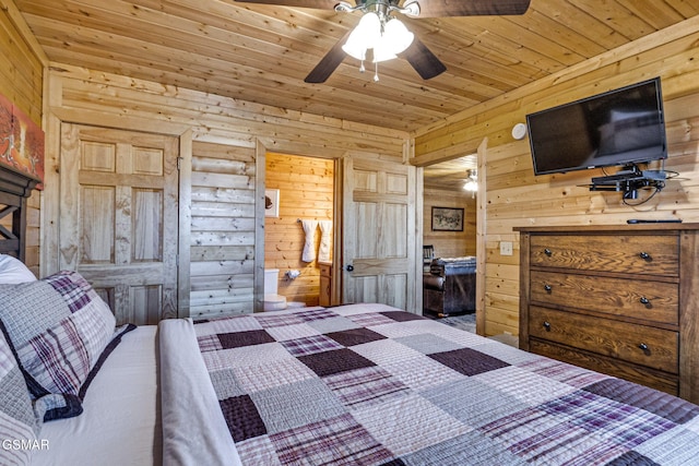 bedroom featuring ceiling fan, wood walls, and wood ceiling