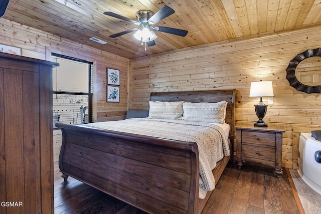 bedroom with wooden ceiling, wooden walls, and wood finished floors