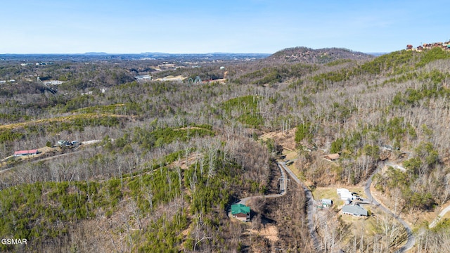 drone / aerial view featuring a forest view and a mountain view