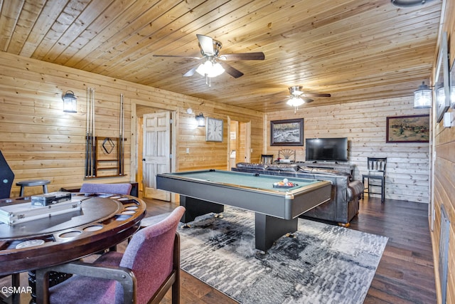 game room with pool table, dark wood-style flooring, wooden ceiling, and ceiling fan