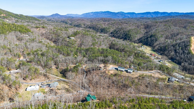 drone / aerial view featuring a mountain view and a wooded view