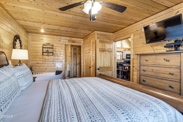 bedroom featuring a ceiling fan, wood ceiling, and wood walls