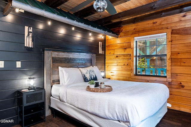 bedroom with wood ceiling, wood finished floors, beam ceiling, and wooden walls