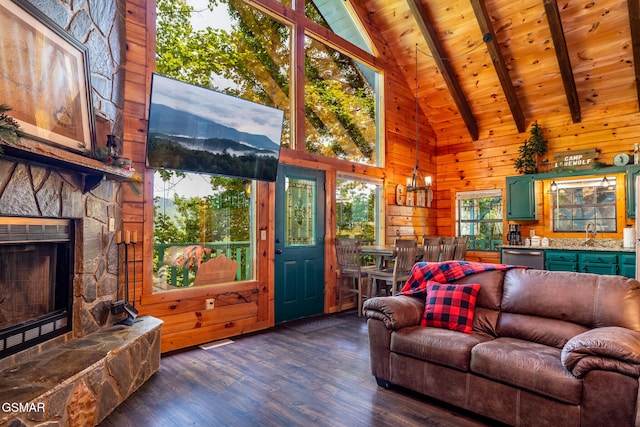 living area with dark wood finished floors, wooden walls, beam ceiling, wood ceiling, and high vaulted ceiling