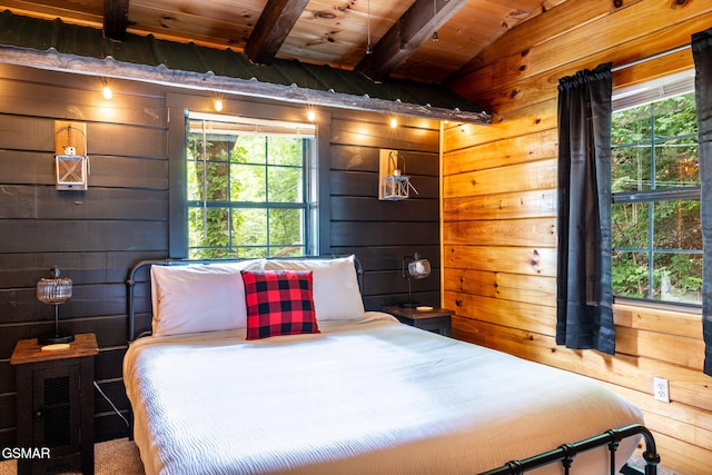 bedroom with wooden ceiling, wood walls, and beam ceiling