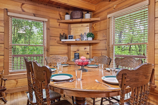 dining area featuring beam ceiling, hardwood / wood-style flooring, wood ceiling, and wood walls
