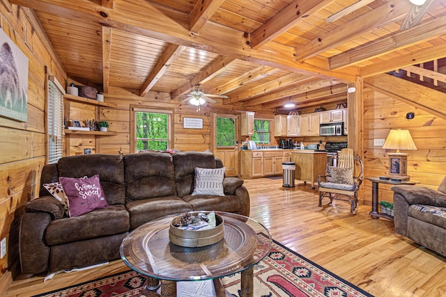 living room with ceiling fan, light hardwood / wood-style floors, beam ceiling, and wooden walls