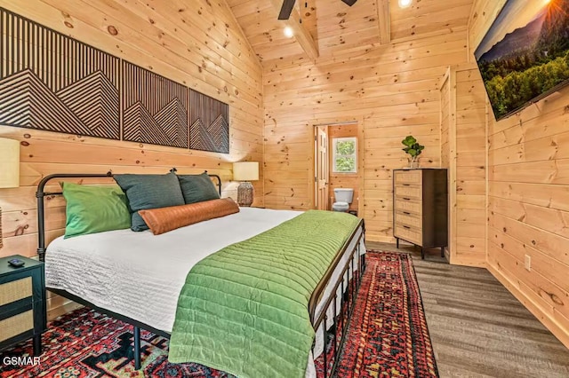 bedroom with wood walls, hardwood / wood-style floors, ceiling fan, and wooden ceiling