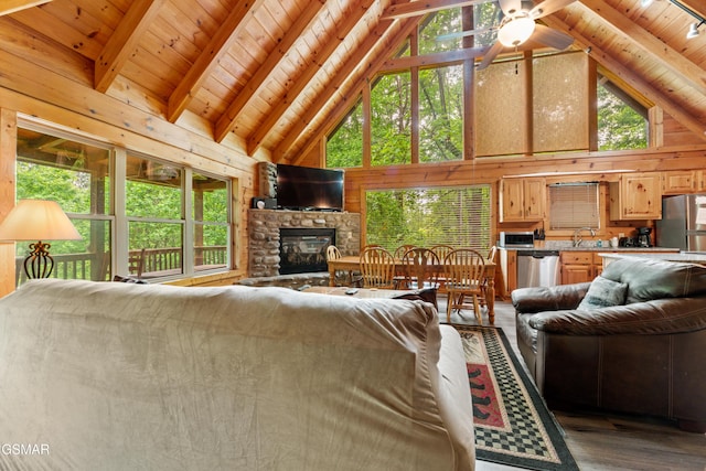 living area featuring high vaulted ceiling, wood finished floors, plenty of natural light, a stone fireplace, and wood walls