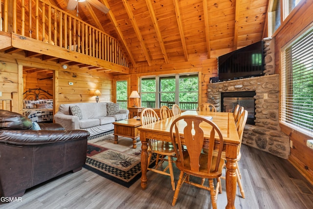 dining space with wooden walls, plenty of natural light, wood finished floors, wooden ceiling, and a fireplace