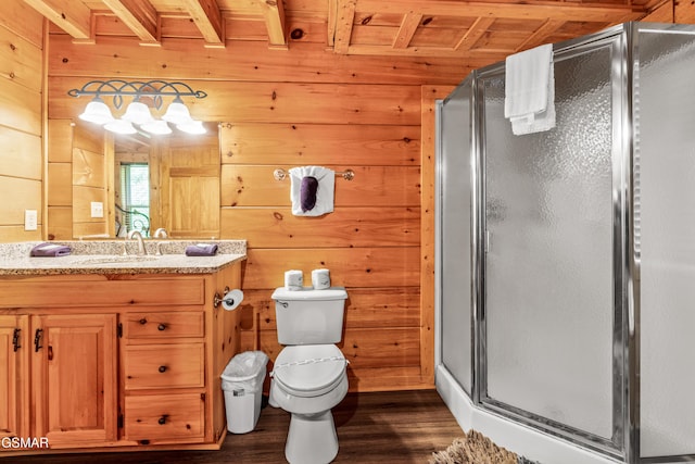 full bathroom featuring wooden ceiling, wood finished floors, wooden walls, a shower stall, and toilet