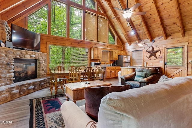 living area featuring high vaulted ceiling, wooden ceiling, wood walls, a stone fireplace, and a ceiling fan