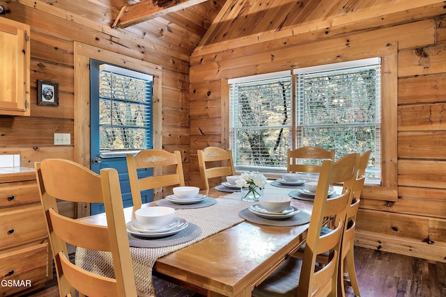 dining space featuring lofted ceiling, healthy amount of natural light, wood walls, wood finished floors, and wooden ceiling