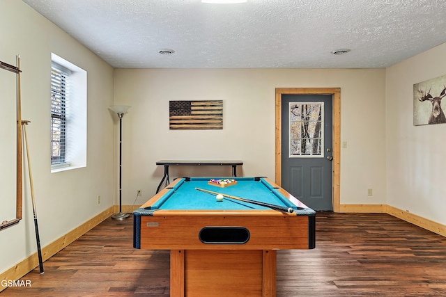 playroom featuring wood finished floors, pool table, baseboards, and a textured ceiling