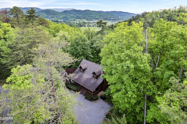 view from above of property with a forest and a mountain backdrop