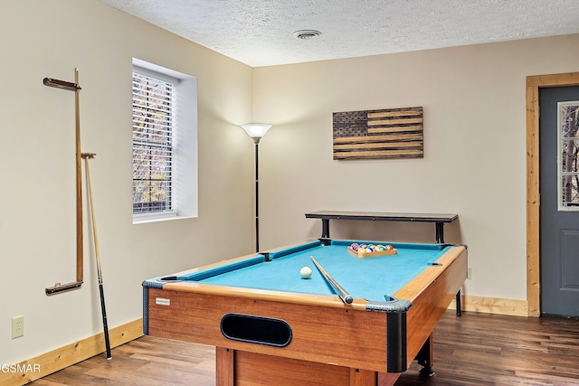 rec room featuring wood finished floors, pool table, a textured ceiling, and baseboards