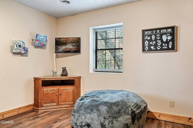 bedroom with wood finished floors, baseboards, and a textured ceiling