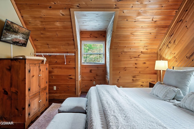 bedroom with wooden walls, wood ceiling, and lofted ceiling