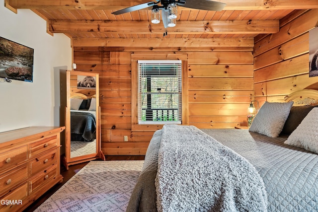 bedroom with wood ceiling, beamed ceiling, wood walls, and dark wood-style flooring