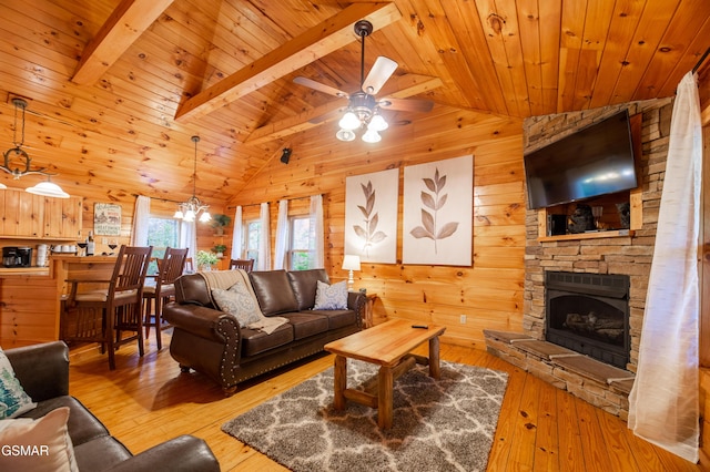 living area featuring a stone fireplace, vaulted ceiling with beams, wood walls, wood-type flooring, and wooden ceiling