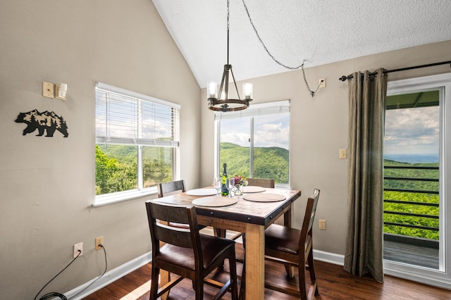 dining space with hardwood / wood-style floors, vaulted ceiling, and a chandelier