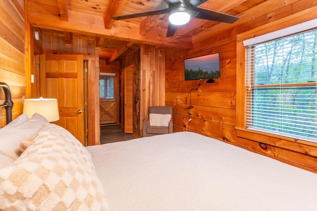 bedroom featuring beam ceiling, wooden ceiling, ceiling fan, and wooden walls