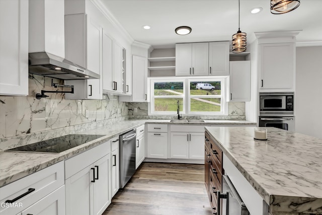 2438 Daniels Dr, Morristown, TN 37813 - kitchen featuring wall chimney exhaust hood, appliances with stainless steel finishes, open shelves, white cabinetry, and ornamental molding