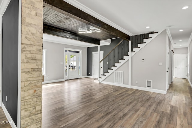 2438 Daniels Dr, Morristown, TN 37813 - entrance foyer featuring stairs, wood finished floors, beam ceiling, baseboards, and recessed lighting