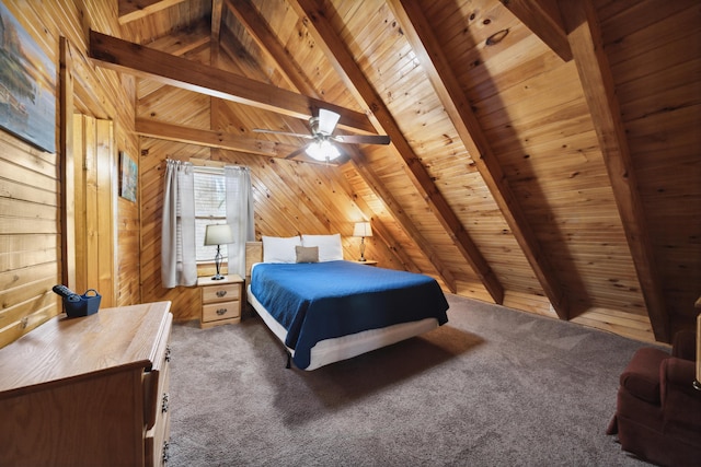 bedroom featuring lofted ceiling with beams, wooden walls, ceiling fan, carpet floors, and wood ceiling
