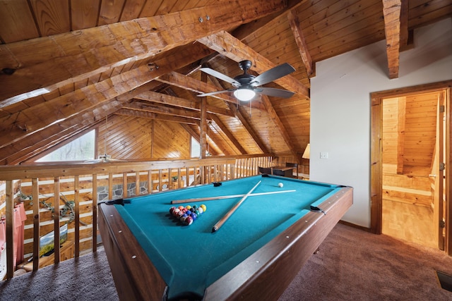recreation room with carpet flooring, lofted ceiling with beams, wood ceiling, ceiling fan, and pool table