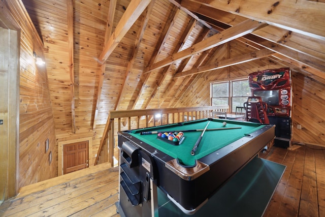rec room with lofted ceiling with beams, wood walls, hardwood / wood-style flooring, pool table, and wood ceiling
