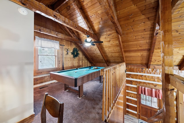 game room with wooden ceiling, pool table, carpet flooring, vaulted ceiling with beams, and wooden walls